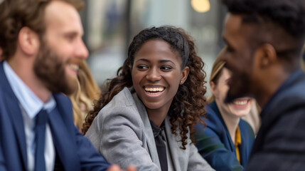 Fototapeta premium Multiethnic business people engaged in a meeting, highlighting diversity and collaboration in a professional setting.