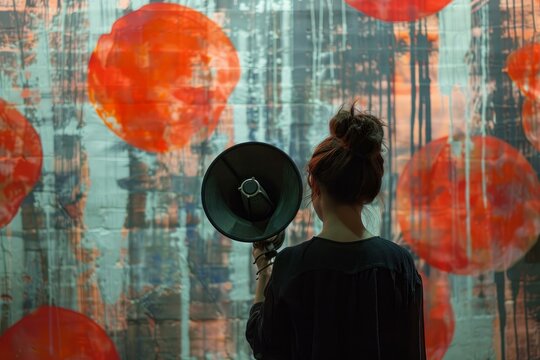 Woman holds a megaphone against a colorful abstract background with red circular patterns