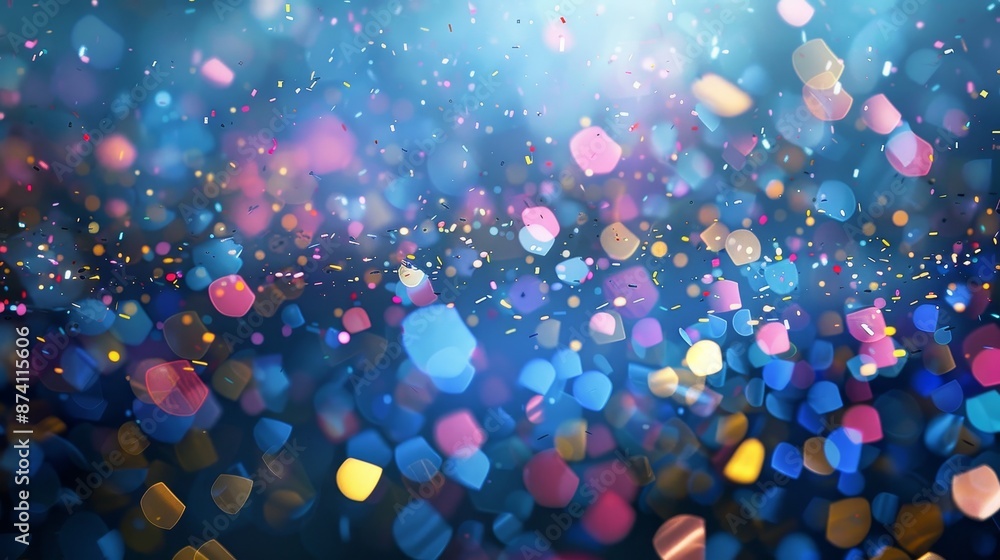 Poster a multicolored cloud floats in liquid like a sparkly bokeh light on a dark blue background. beautifu