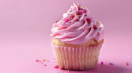 Delicious Pink Frosted Cupcake with Sprinkles, Perfect for Dessert Menus, Celebrations, and Bakery Promotions
