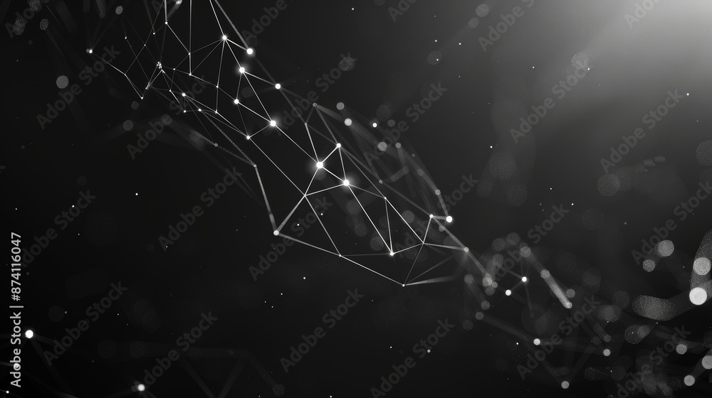 Poster an abstract, three-dimensional rendering of a chaotic structure, with lines and polygonal spheres. i