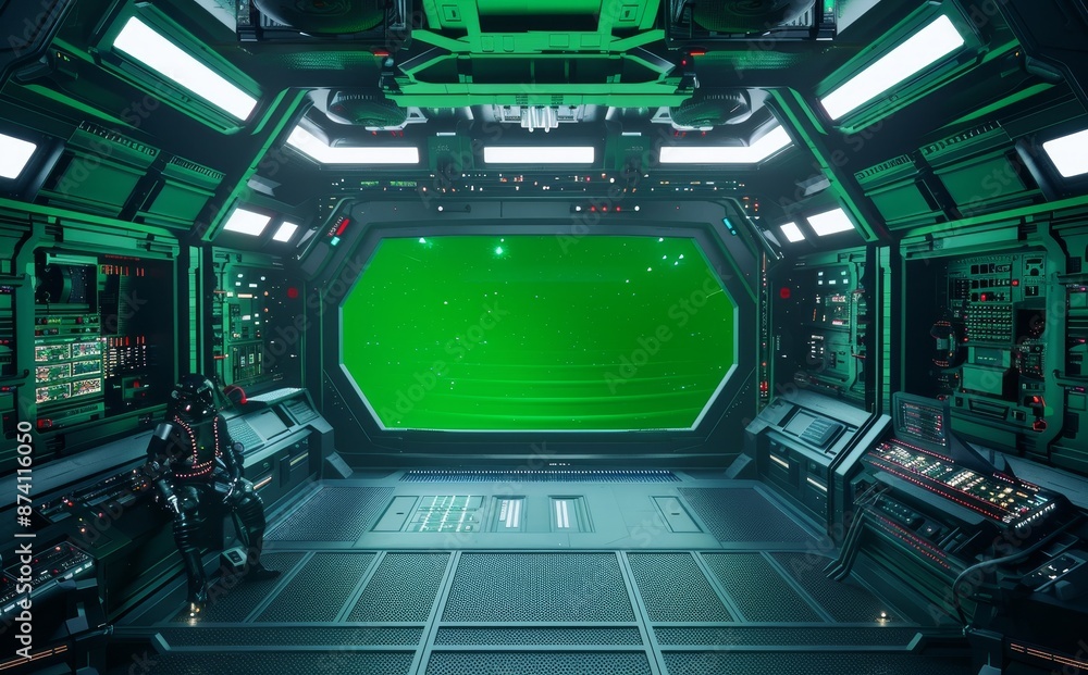 Poster 3d rendering of a futuristic spaceship interior with blue and red glowing control panels and an empt