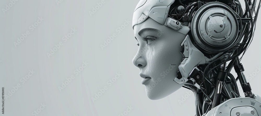 Poster imaginative image of robot head with empty white background. ai-generated image.