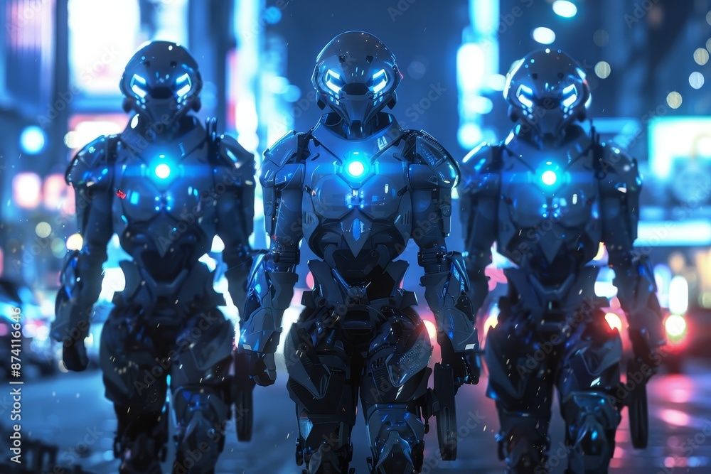 Poster character from a game, group of heroes, concept art from a game, robot from a cyberpunk world, full-