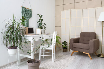 Modern workplace with laptop and houseplants near light wall in office