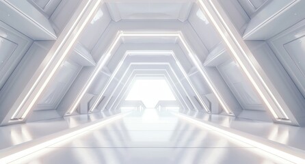 3D rendering of abstract triangle spaceship corridor. Futuristic tunnel with light. Future interior background, business, sci-fi science concept.