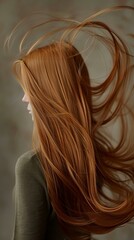 Naklejka premium Captivating Back View of Model with Shiny, Wind-Swept Hair Against a Bright Background