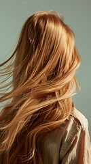 Naklejka premium Captivating Back View of Model with Shiny, Wind-Swept Hair Against a Bright Background