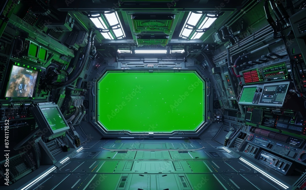 Poster interior of a white spaceship with a blue and red glowing control panel and an empty view. 3d render