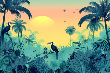 Tropical Sunset Illustration with Toucans and Palm Trees
