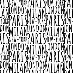 Seamless pattern with sign of cites Paris, Milan, New York, London. For printing on fabric, wallpaper, gift paper. Vector