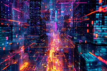 Fototapeta premium Futuristic cyberpunk design with some retro futurism, webpunk, rave techno neon colors. Background in blue, mint, and pink color with interlaced digital glitch effect.