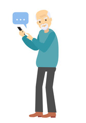Grandfather holds a phone in his hand. Elderly man character looking on smartphone and typing message. Senior old man using smartphone. Modern technologies