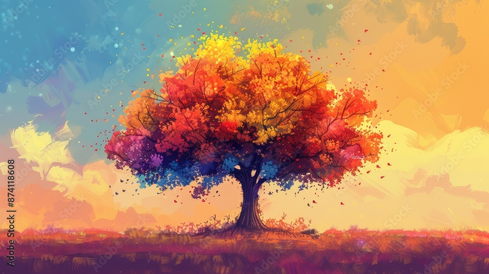 Aufkleber a vibrant tree depicted through 2d illustration can serve as a captivating visual element when discu