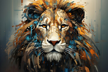 Abstract Lion Illustration with Mechanical Details