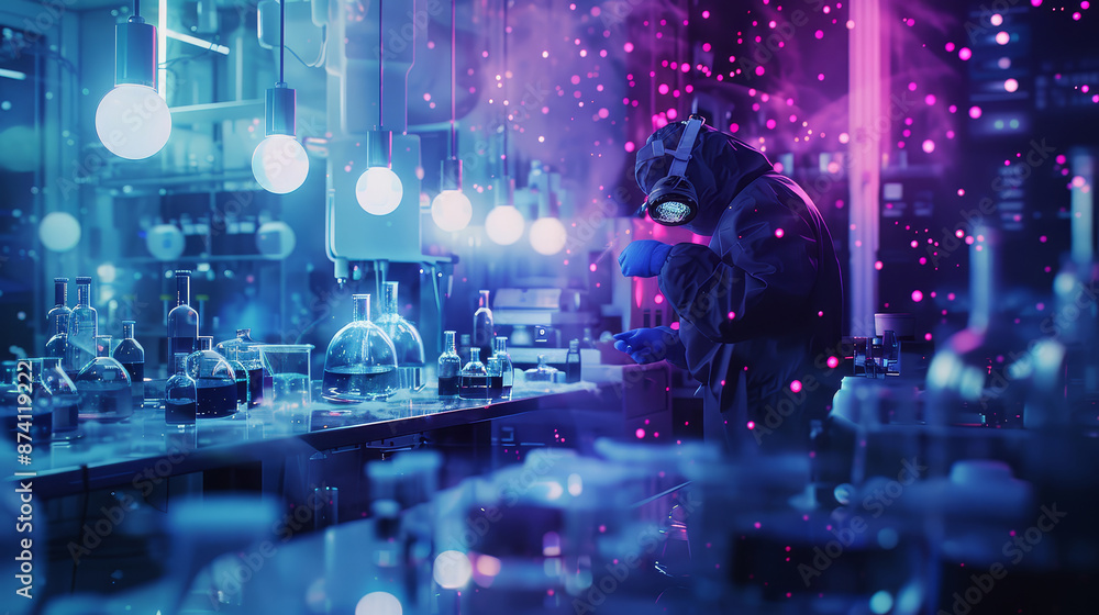 Poster a scientist working in a laboratory - a scientist wearing a protective suit and mask works on an exp