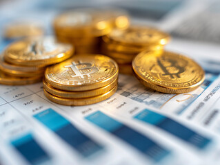 gold coins lie on reports with growth graphs. Symbol of success, background for business, finance, analytics