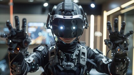 Fototapeta premium Person wearing an advanced motion capture suit in a high-tech laboratory, representing cutting-edge technology and virtual reality development.