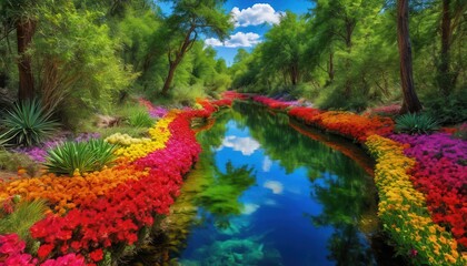 Obraz premium Colorful Flowers Along a Serene River.