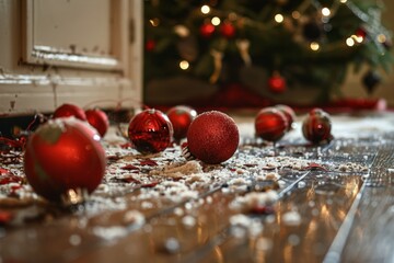 Broken Christmas Ornaments on Wooden Floor