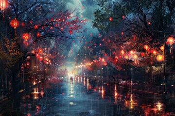 Obraz premium Magical Rainy Lantern Street at Night