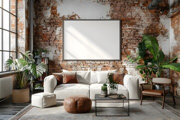 Sophisticated Urban Loft Apartment Featuring a Striking White Frame on Exposed Brick Wall