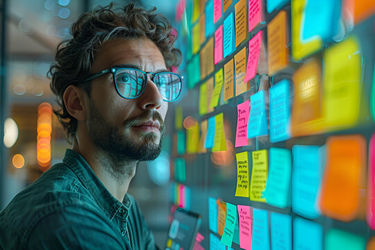 Glass, training and writing with business people in office together for coaching or planning. Meeting, storyboard and teaching with employee team in workshop for learning or upskill development