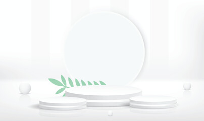 Realistic product podium design with leaf background. White color Product showcases background art. Abstract podium design. Circle shapes. RPearl Vector Art. Natural cosmetics.