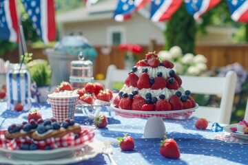 Delectable fruit dessert centerpiece adorns a table with patriotic decor for a celebration