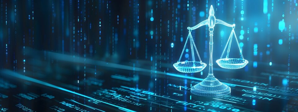 Digital scales of justice on a futuristic blue digital background with binary code and data stream elements