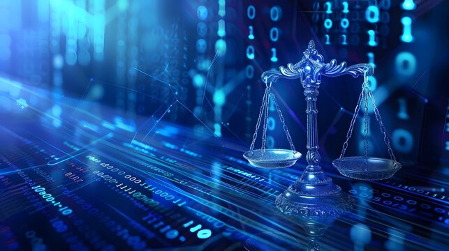 Digital scales of justice on a futuristic blue digital background with binary code and data stream elements