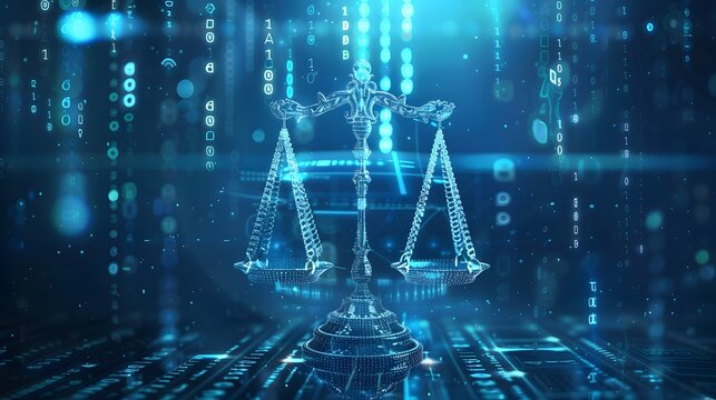 Digital scales of justice on a futuristic blue digital background with binary code and data stream elements