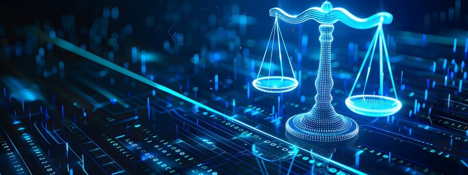 Digital scales of justice on a futuristic blue digital background with binary code and data stream elements