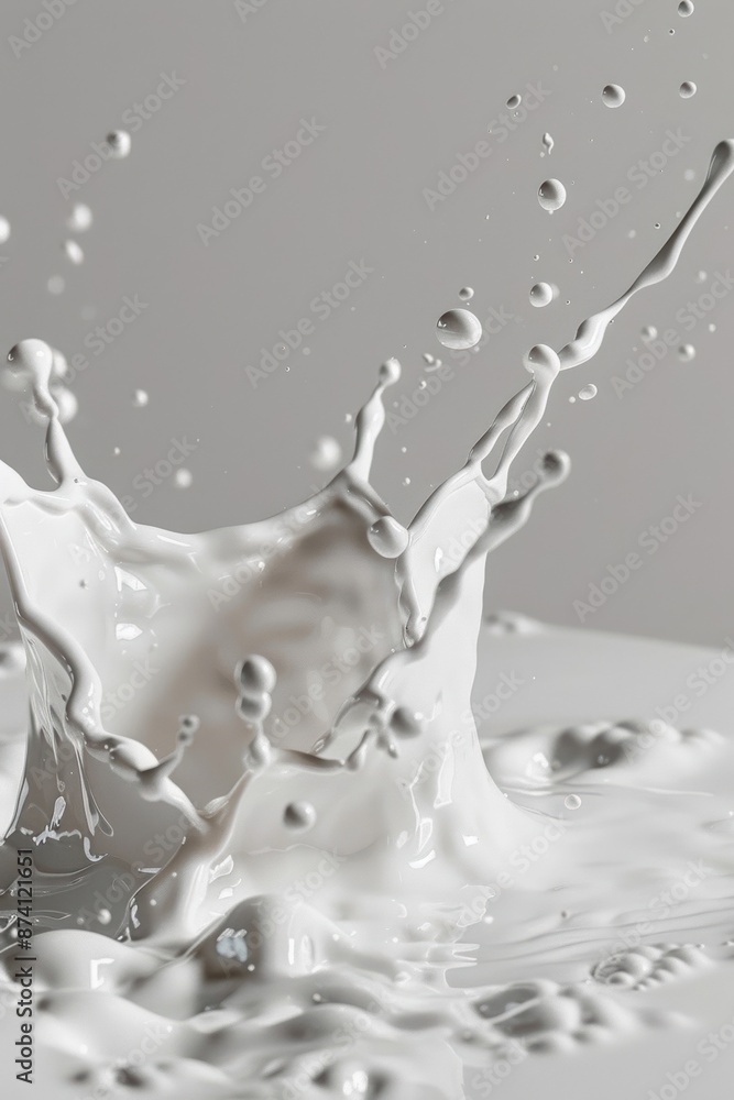 Poster close-up of milk splashing into a white surface, creating dynamic droplets and splashes, capturing m