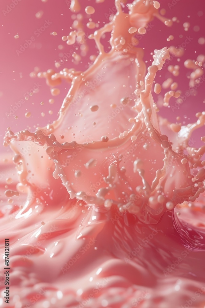 Poster a vibrant splash of pink liquid captured mid-air, creating an abstract and dynamic visual with beaut
