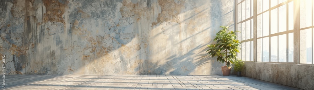 Aufkleber spacious empty room with large windows and sunlight streaming in, highlighting a rustic wall and a p