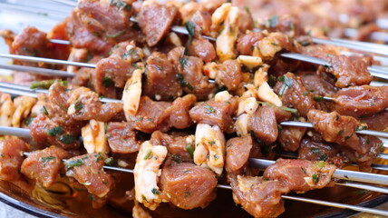 Juicy Marinated Meat Skewers and Grilling on Charcoal BBQ - Perfect Outdoor Cooking