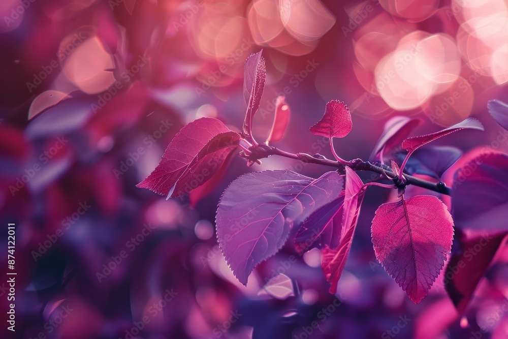 Poster close up of red leaves under a soft, glowing light with a bokeh background