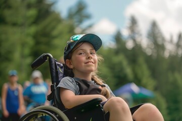 Fototapeta premium child in a wheelchair at summer camp. generative ai