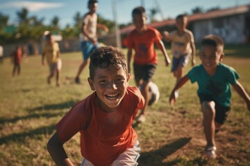 Obraz premium children playing soccer at a summer camp. generative ai