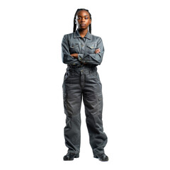 Portrait of a black female auto mechanic. Transparent background or PNG file.