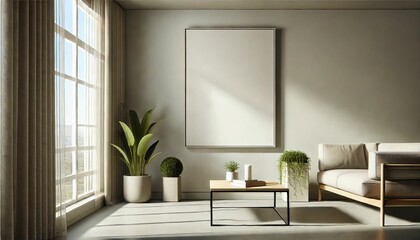 Minimalist Living Room with Blank Photo Frame and Plant Decor
