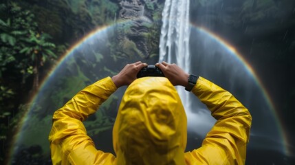 Photographer Capturing a Waterfall and Rainbow.