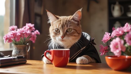 Cat Enjoying a Cup of Coffee.