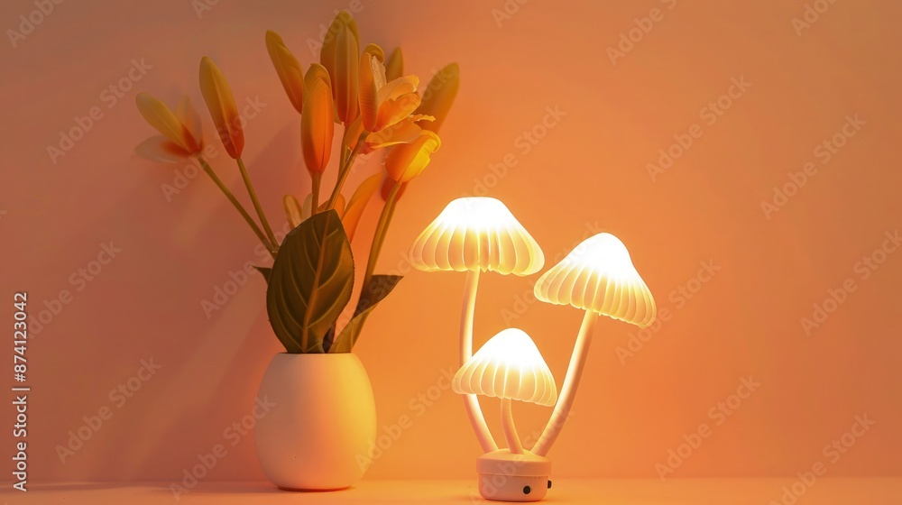 Poster a whimsical led mushroom night light with a sensor, set against a soft peach background. perfect for