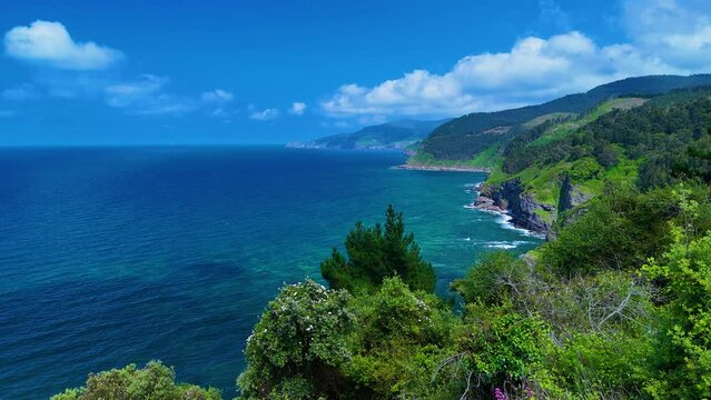 Coastal landscape in the surroundings of the abandoned Lemoniz Nuclear Power Plant. Aerial view from a drone. Lemoniz. Vizcaya. Basque Country. Spain. Europe
