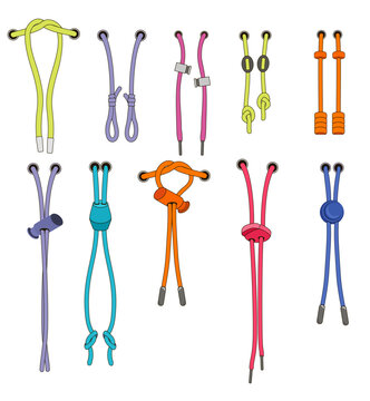 Drawstring cord stopper flat illustrator. Set of drawstrings, cord for waist band, bags, shoes, jackets, shorts, pants. Drawcord aglets for clothing, accessories. Plastic Drawcord lock