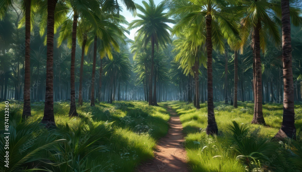 Poster path through lush palm tree forest.