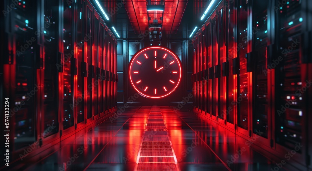 Poster a glowing neon clock in a high-tech server room, symbolizing the importance of time in data processi
