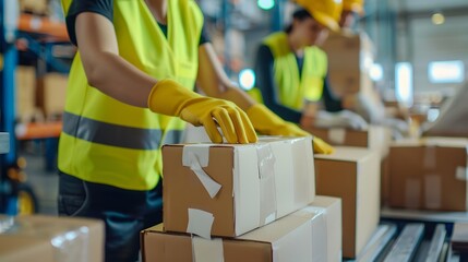 Warehouse workers preparing boxes for delivery, focusing on hands and cartons in the foreground with a blurred background showing a busy logistics facility